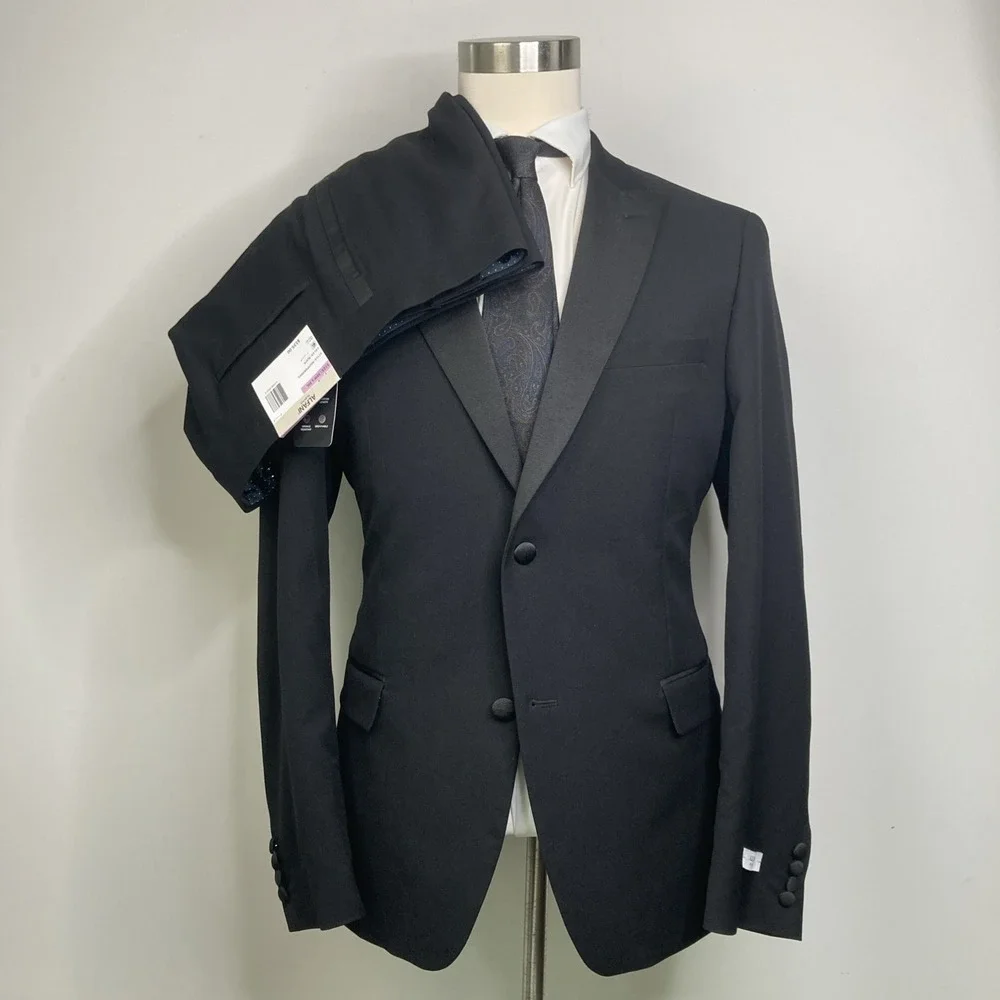 Alfani Mens Slim fit 2-pc Tuxedo Suit Jacket 42R Black Solid Pants 38W 30L